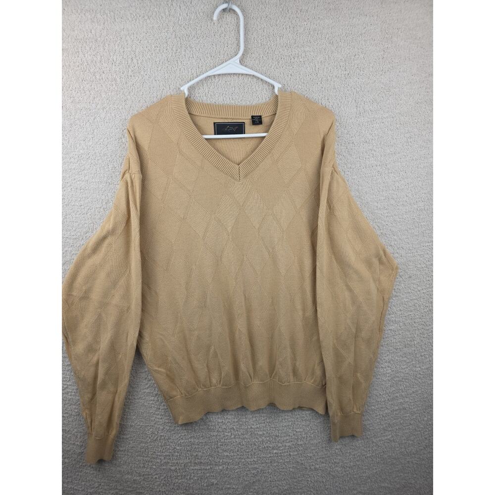 Greg Norman Men's Tan Diamond Pattern V-Neck Sweater Size Large Golf